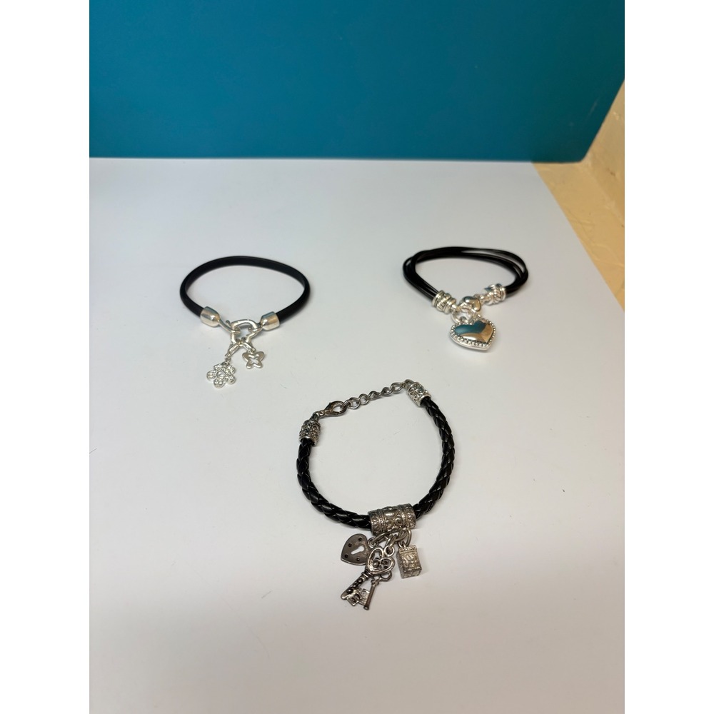 Lot of 3 Black Cord Leather Charm Bracelets Heart Key Flower Silver Tone Set